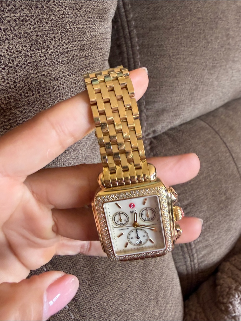 MICHELE Deco Diamond Chronograph Gold-Tone Watch Full Bracelet Box - Picture 6 of 8